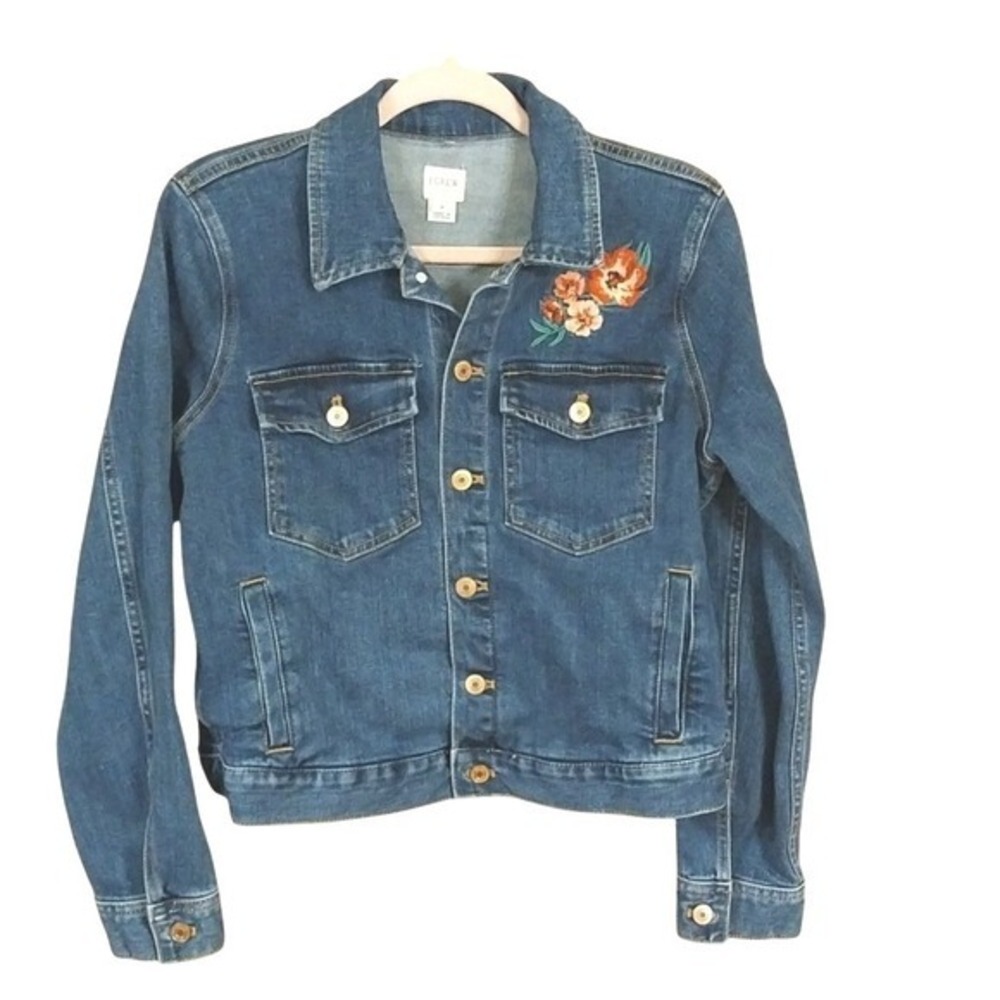 J.Crew Mercantile Sz Medium Denim Jean Jacket Embroidered Flowers Med Blue Wash - Picture 3 of 12